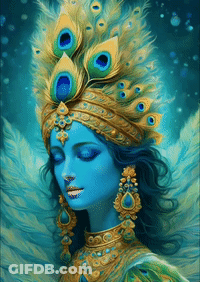 A Painting Of A Woman Wearing A Peacock Feather Crown And Earrings GIF