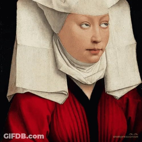 A Painting Of A Woman Wearing A Red Dress And A White Headpiece GIF