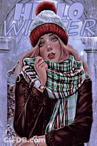 A Painting Of A Woman Wearing A Scarf And A Hat With The Words Hello Winter Behind Her GIF