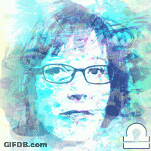 A Painting Of A Woman Wearing Glasses With A Libra Symbol In The Corner GIF