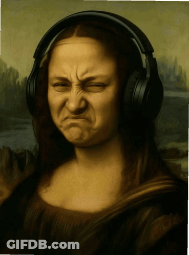 A Painting Of A Woman Wearing Headphones And Making A Funny Face GIF