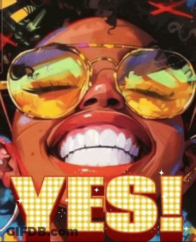 A Painting Of A Woman Wearing Sunglasses With The Word Yes Behind Her GIF