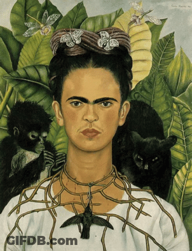 A Painting Of A Woman With A Bird Necklace And A Black Cat GIF
