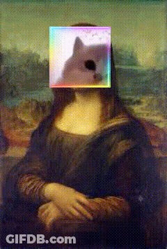 A Painting Of A Woman With A Dog On Her Head GIF