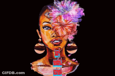 A Painting Of A Woman With A Flower In Her Hair And The Words Proud Caribbean American Below It GIF