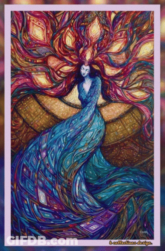 A Painting Of A Woman With A Long Blue Dress And A Purple Background GIF