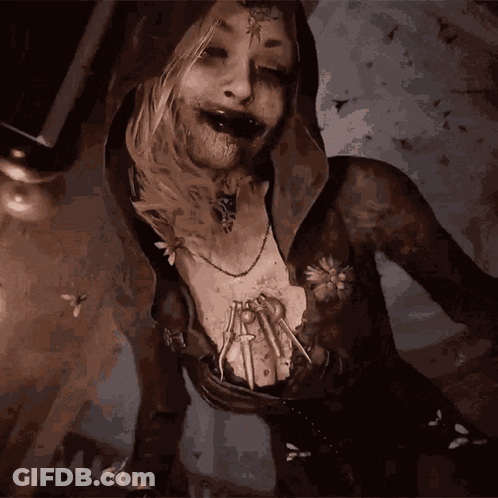 A Painting Of A Woman With A Spider On Her Chest And A Flower On Her Chest GIF