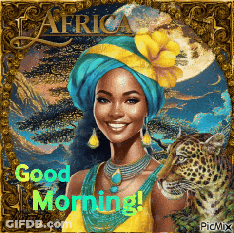 A Painting Of A Woman With A Turban And A Leopard Saying Good Morning GIF