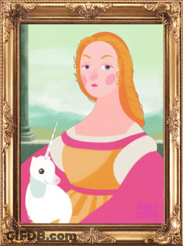 A Painting Of A Woman With A Unicorn In Her Arms GIF