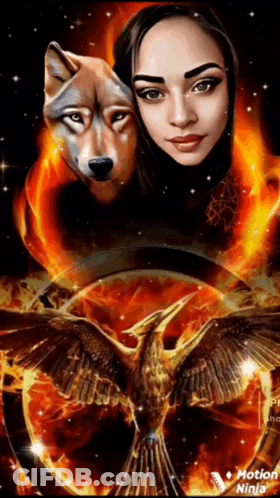 A Painting Of A Woman With A Wolf Behind Her GIF