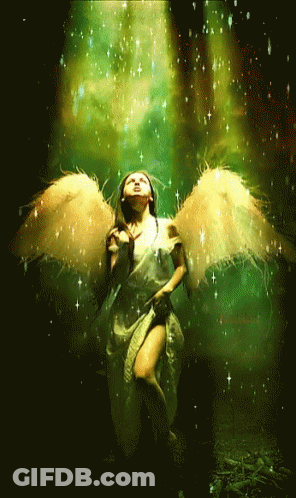 A Painting Of A Woman With Angel Wings In A Dark Forest GIF