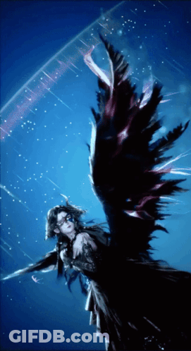 A Painting Of A Woman With Black Wings And A Blue Background GIF