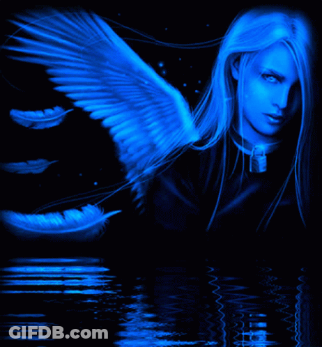 A Painting Of A Woman With Blue Wings And Feathers GIF