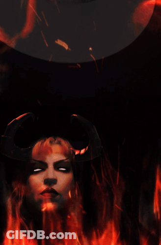 A Painting Of A Woman With Flames Behind Her And The Website Www.mightylancergames.co.uk At The Bottom GIF