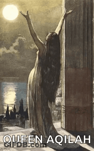 A Painting Of A Woman With Her Arms Outstretched And The Words Queen Aqilah Written Below Her GIF