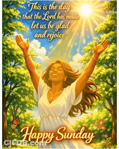 A Painting Of A Woman With Her Arms Outstretched With The Words Happy Sunday GIF