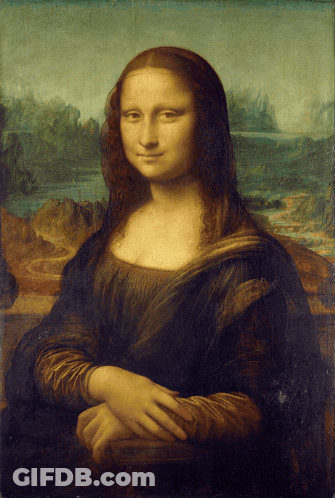 A Painting Of A Woman With Her Hands Folded In Front Of A Landscape GIF