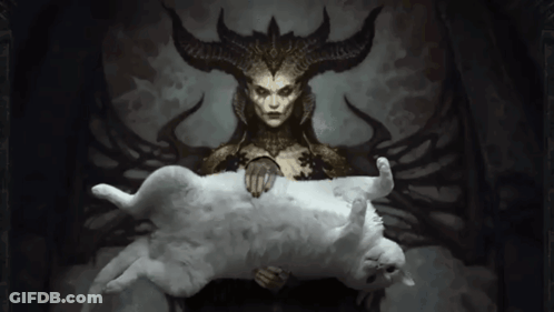 A Painting Of A Woman With Horns Holding A Cat GIF