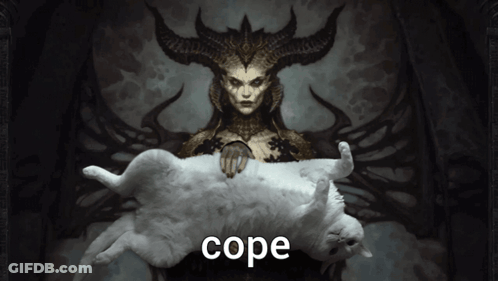 A Painting Of A Woman With Horns Holding A White Cat With Cope Written Below It GIF