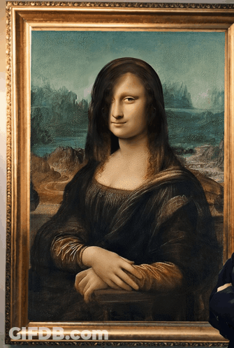 A Painting Of A Woman With Long Hair And A Gold Frame GIF