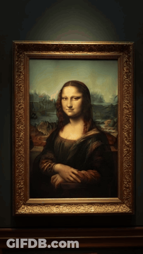 A Painting Of A Woman With Long Hair Is Framed In A Gold Frame GIF