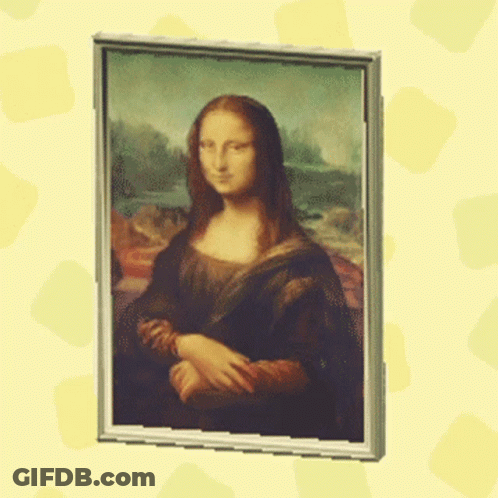 A Painting Of A Woman With Long Hair Is Framed On A Yellow Background . GIF