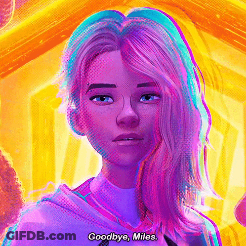 A Painting Of A Woman With Purple Hair And The Words Goodbye Miles GIF