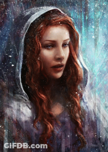 A Painting Of A Woman With Red Hair And A White Hood Has The Website Www.westline.deviantart.com On The Bottom GIF