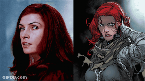 A Painting Of A Woman With Red Hair Next To A Drawing Of A Woman With Chains Around Her Neck GIF
