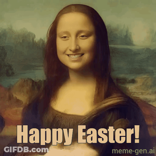A Painting Of A Woman With The Words Happy Easter Below Her GIF