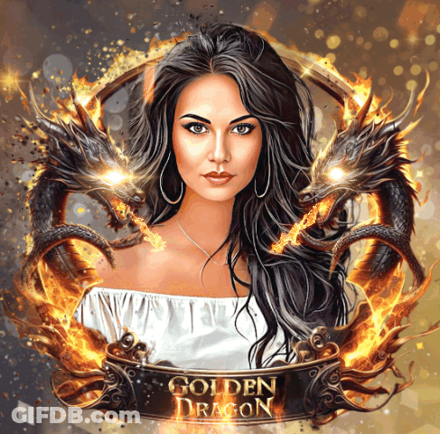A Painting Of A Woman With Two Dragons And The Words Golden Dragon GIF