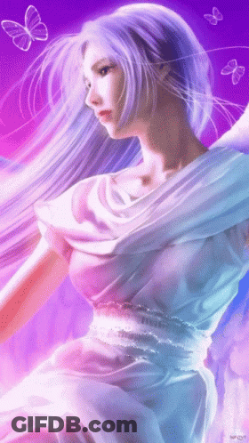 A Painting Of A Woman With White Hair And Butterflies Flying Around Her GIF