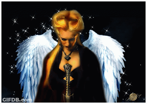 A Painting Of A Woman With White Wings And A Necklace With The Letter A On It GIF