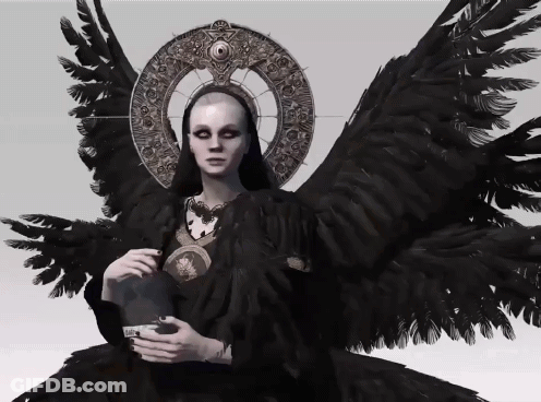 A Painting Of A Woman With Wings And A Circle Around Her Head GIF
