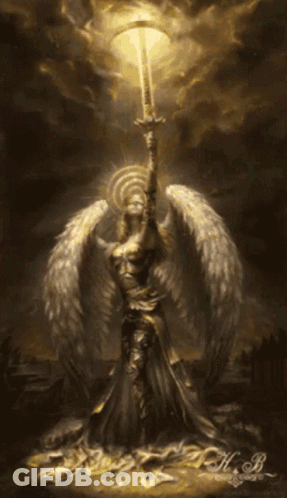 A Painting Of A Woman With Wings Holding A Sword And A Light GIF