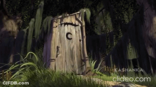 A Painting Of A Wooden Outhouse With The Letter C On It GIF