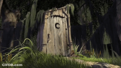 A Painting Of A Wooden Outhouse With The Letter C On It GIF