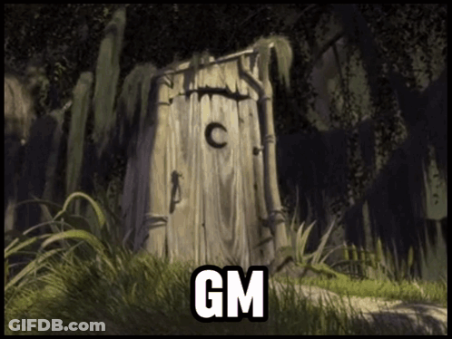 A Painting Of A Wooden Toilet With The Word Gm On The Bottom GIF