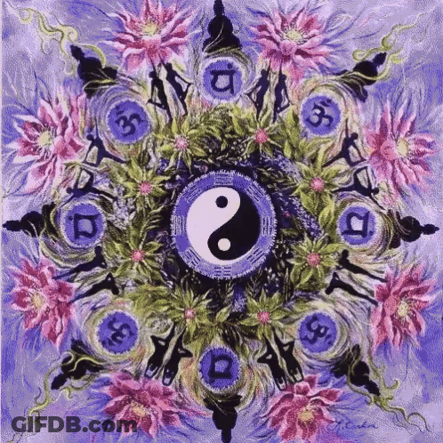 A Painting Of A Yin Yang Symbol Surrounded By Pink Flowers GIF
