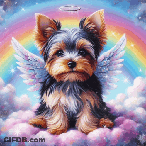 A Painting Of A Yorkshire Terrier With Angel Wings And A Halo GIF