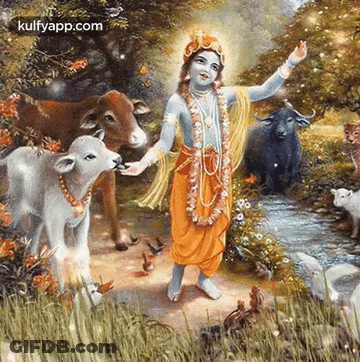 A Painting Of A Young Boy Surrounded By Cows And Sheep . GIF