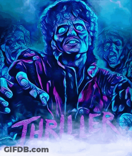 A Painting Of A Zombie With The Word Thriller Written In Pink GIF