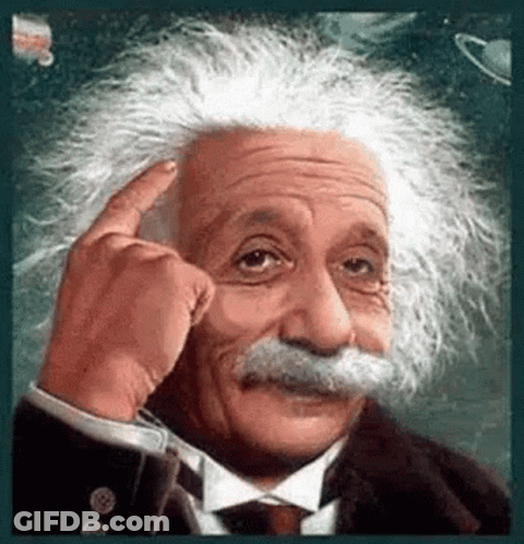 A Painting Of Albert Einstein With A Mustache Pointing At His Head . GIF