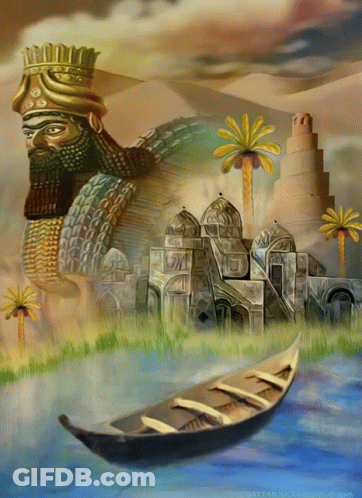 A Painting Of An Ancient City With A Boat In The Foreground GIF