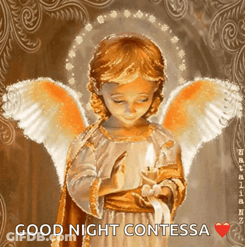 A Painting Of An Angel Holding A Candle With The Words " Good Night Contessa " GIF