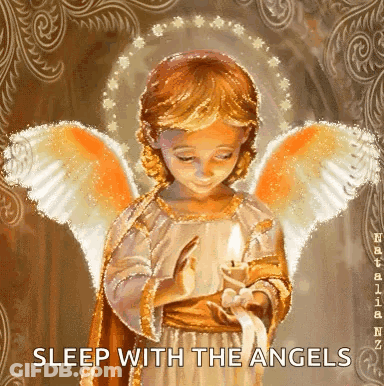 A Painting Of An Angel Holding A Lit Candle With The Words Sleep With The Angels Below It GIF
