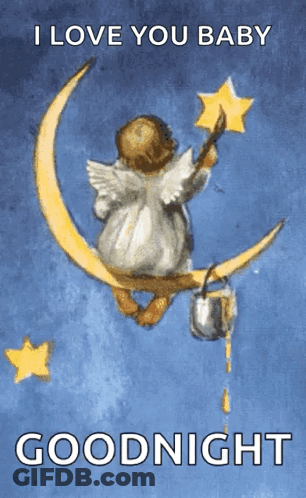 A Painting Of An Angel Sitting On A Crescent Moon Holding A Star And Saying I Love You Baby Goodnight GIF