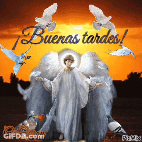 A Painting Of An Angel With The Words Buenas Tardes Written On It GIF