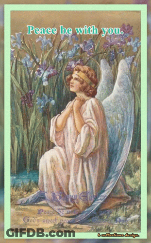 A Painting Of An Angel With The Words Peace Be With You On The Bottom GIF