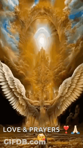 A Painting Of An Angel With Wings Spread In The Sky With The Words `` Love & Prayers '' . GIF